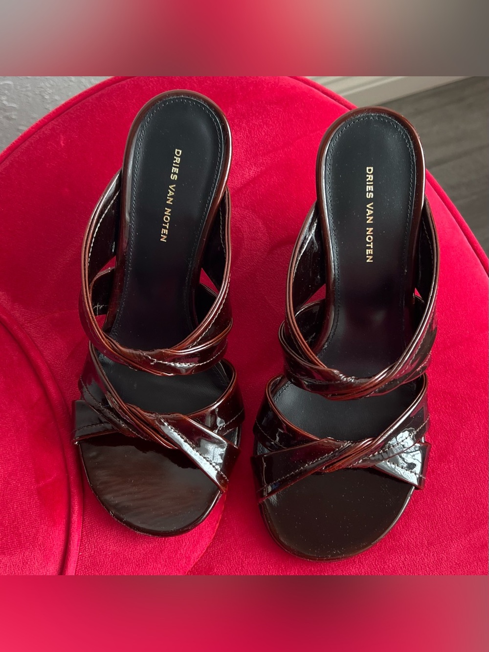 Dries Van Noten Knotted Wedge Mules In Brown Patent Leather